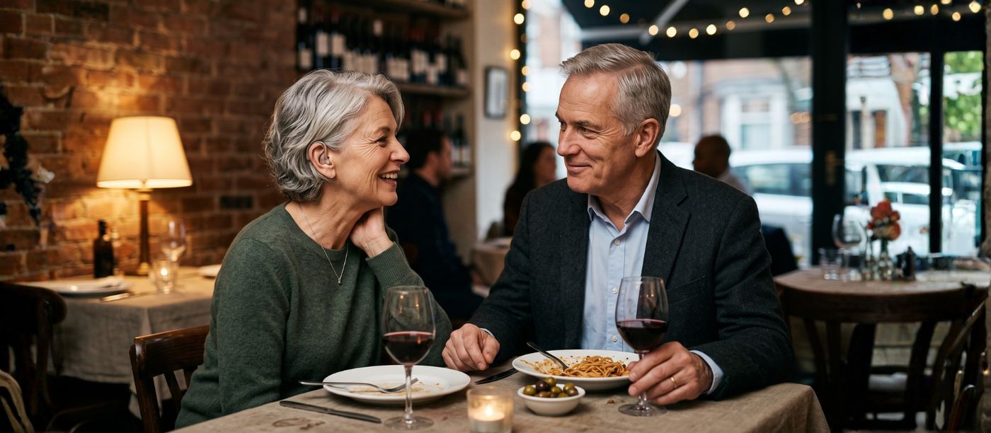 A couple in their fifties having dinner together at a restaurant