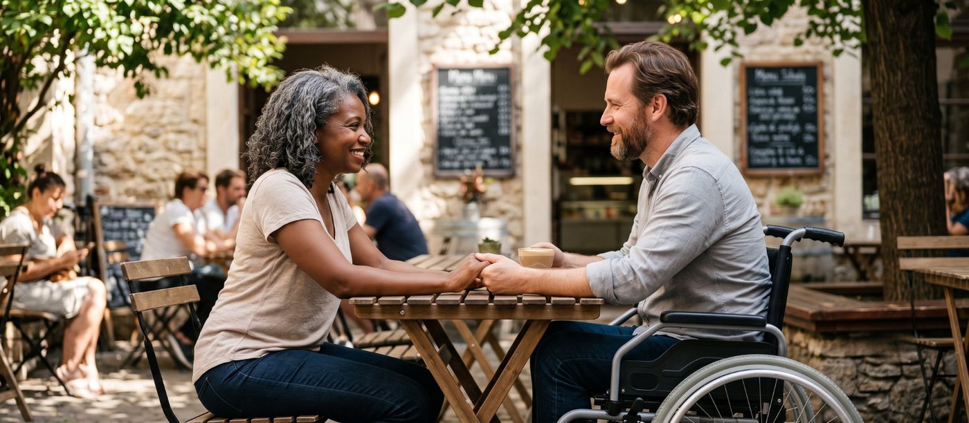 Two people talking closely over coffee at a cafe table