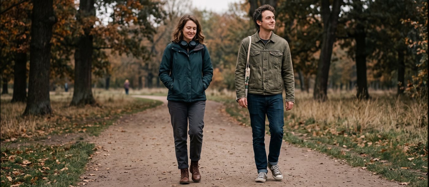 Two people walking together along a quiet tree-lined path, relaxed and unhurried