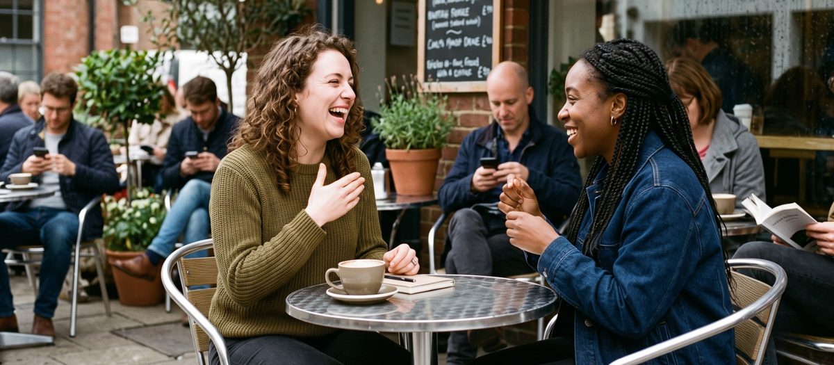 Two people in animated conversation at an outdoor cafe table
