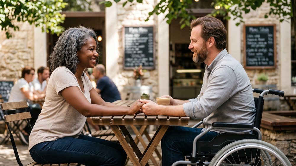 A couple in their fifties holding hands across a cafe table outdoors, one of them using a wheelchair