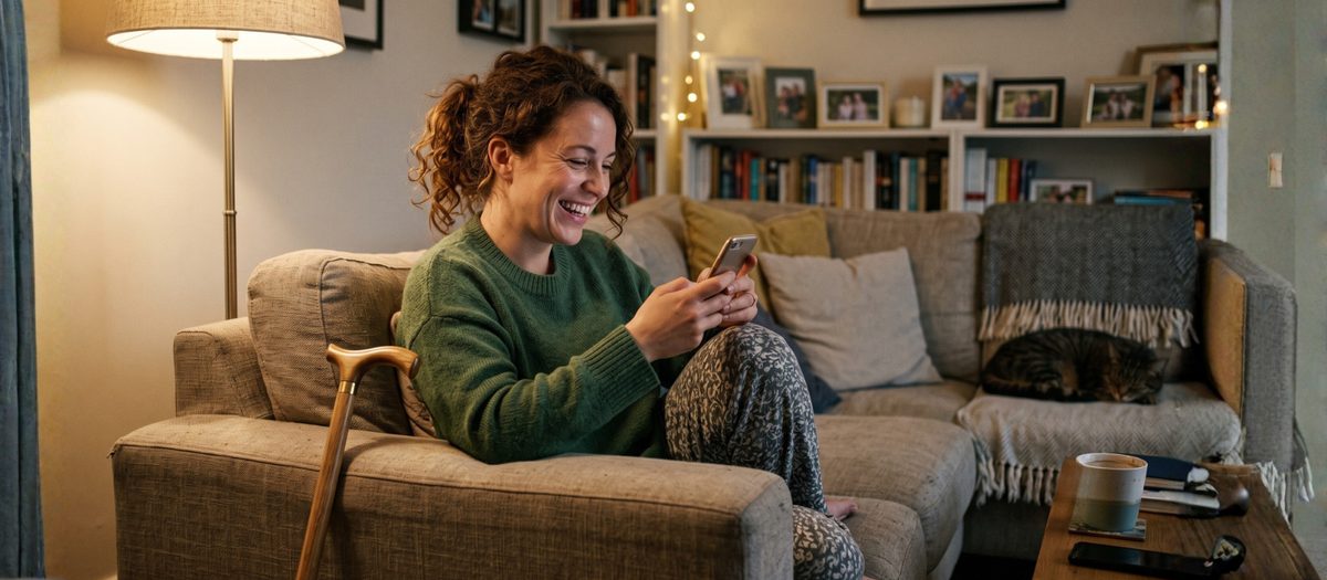 A woman sitting on her sofa at home looking at her phone, a walking cane resting beside her