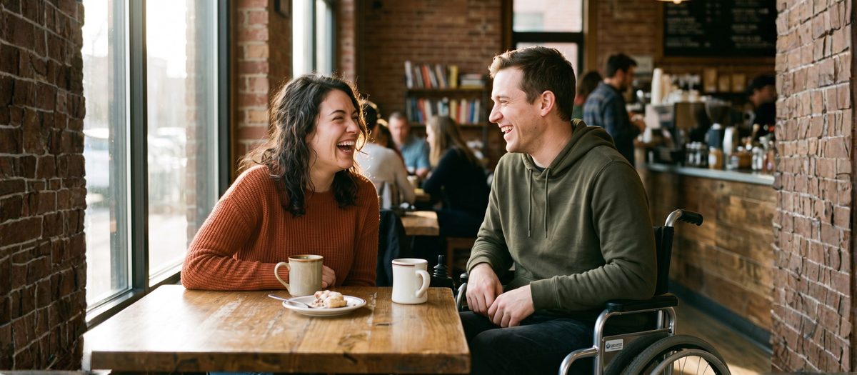 Two people talking and laughing at a cafe table, one of them using a wheelchair